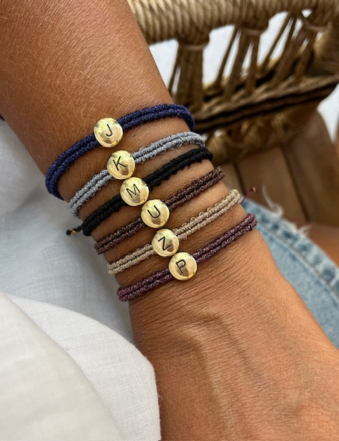 Macrame Knotted Friendship Bracelet & 14K Real Gold Plated 925 Silver Round Initial Bead