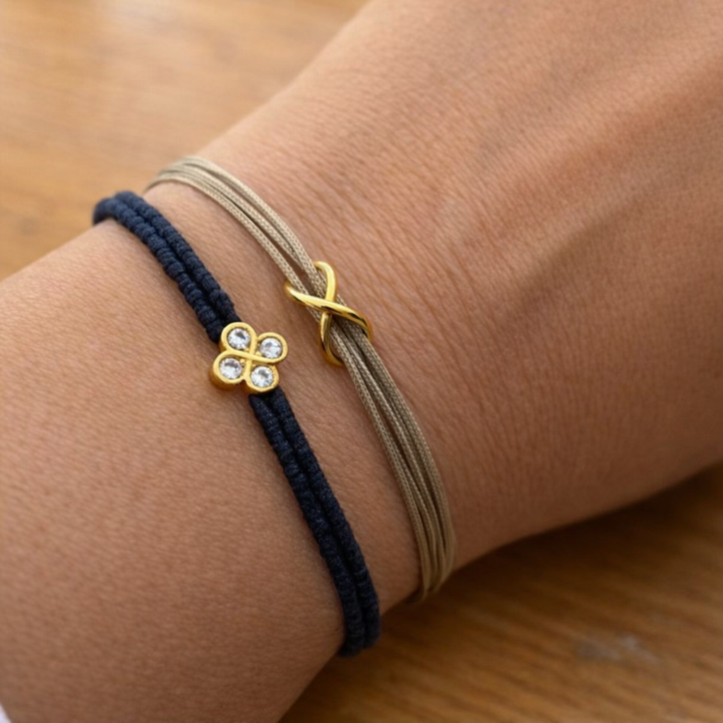 Leaf and Infinity Braided Cord Bracelet Set – 925 Sterling Silver 14K Gold Plated