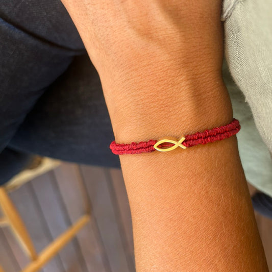 Jesus Fish Braided Cord Bracelet – 925 Sterling Silver 14K Gold Plated Adjustable