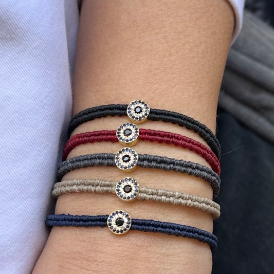 Nazar Evil Eye CZ Braided Cord Bracelet – 925 Sterling Silver 14K Gold Plated Adjustable