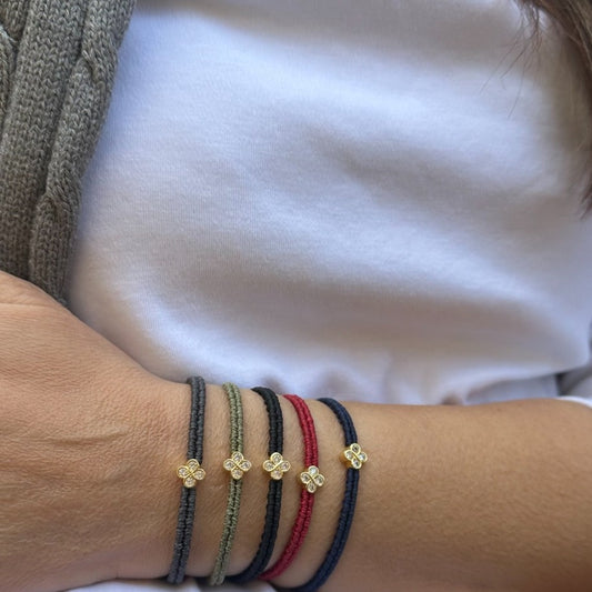 Clover CZ Braided Cord Bracelet – 925 Sterling Silver 14K Gold Plated Adjustable