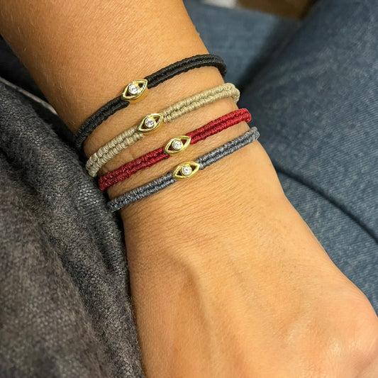 Evil Eye CZ Braided Cord Bracelet – 925 Sterling Silver 14K Gold Plated Adjustable